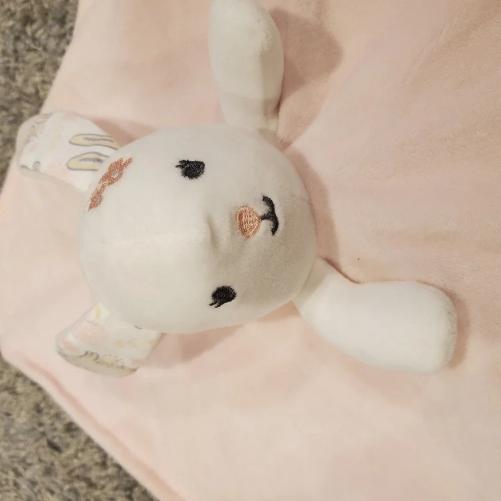 Modern Baby Pink White Bunny Rabbit Lovey Security Blanket Rattle Teether Floral